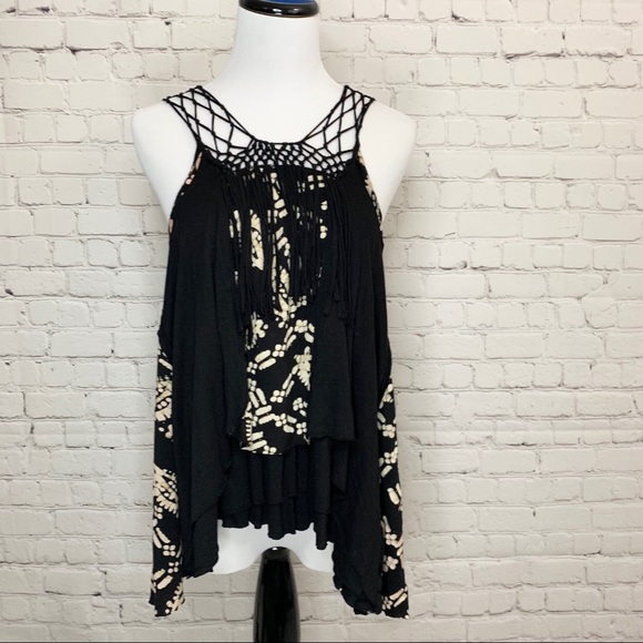 Free People Tops - Free People Fringed Black Tank Top sz med